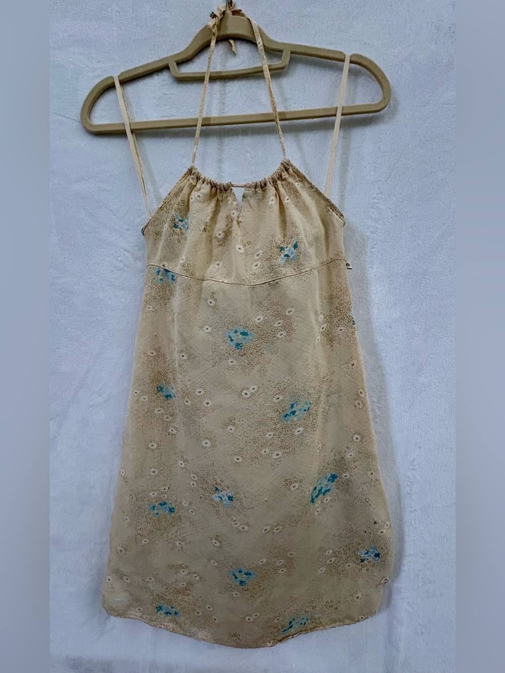 Rip Curl Beige Floral Halter Mini Dress with Blue Accents